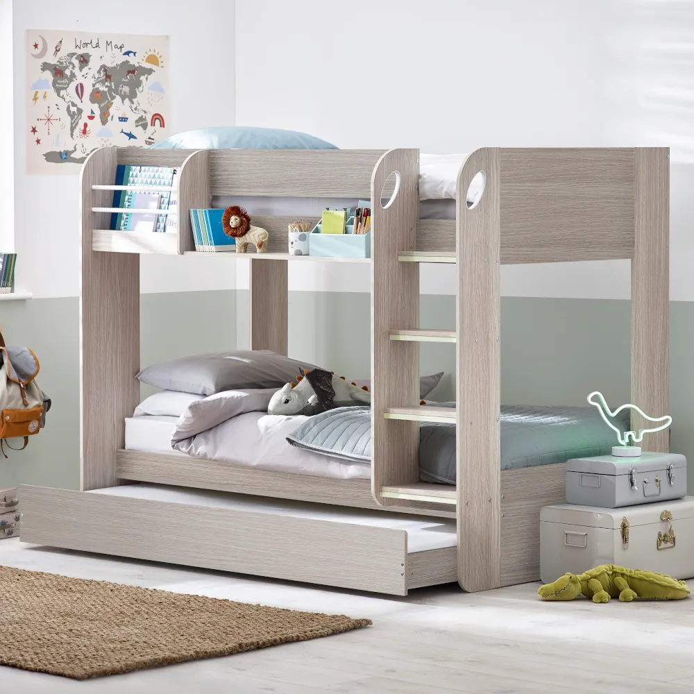 Mars - Single - Kids Bunk Bed - Storage and Underbed Trundle - Grey Oak - Wooden - 3ft - Happy Beds 1