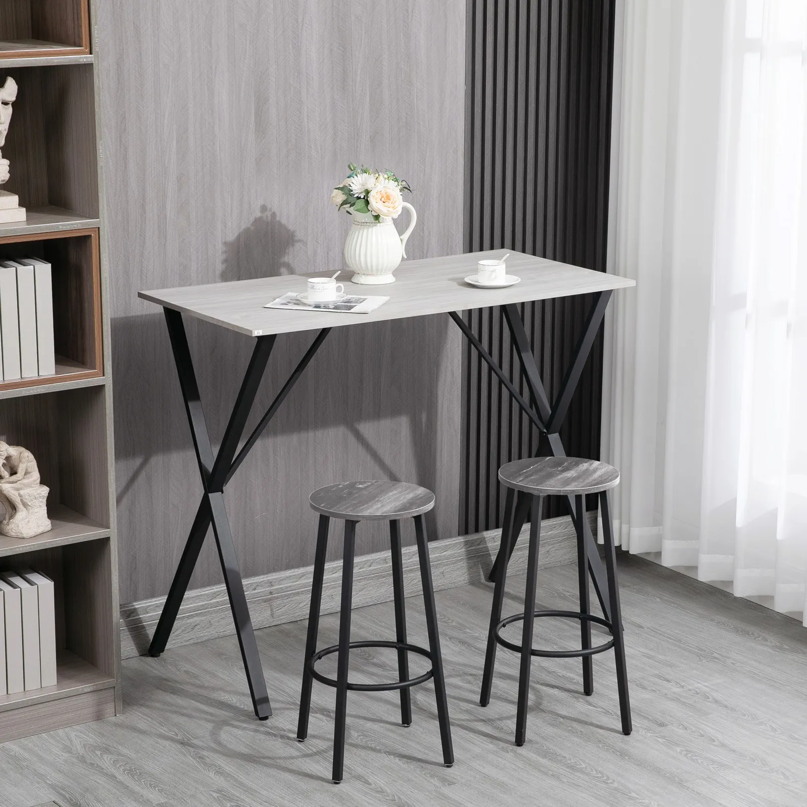 HOMCOM Modern Bar Table with Wood Effect Top Steel Legs for Living Room in White 2