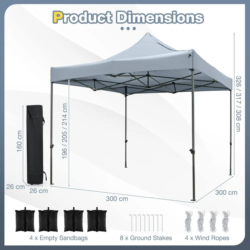Costway 300 x 300cm Pop up Canopy Tent Easy Setup Gazebo Shelter w/Wheeled Bag in Grey 2