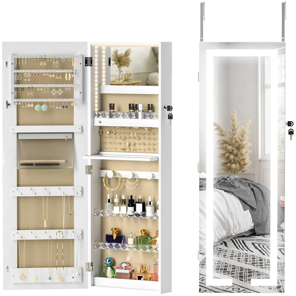 HOMCOM LED Mirror Jewellery Cabinet, Full Length Mirror with Storage, White 2