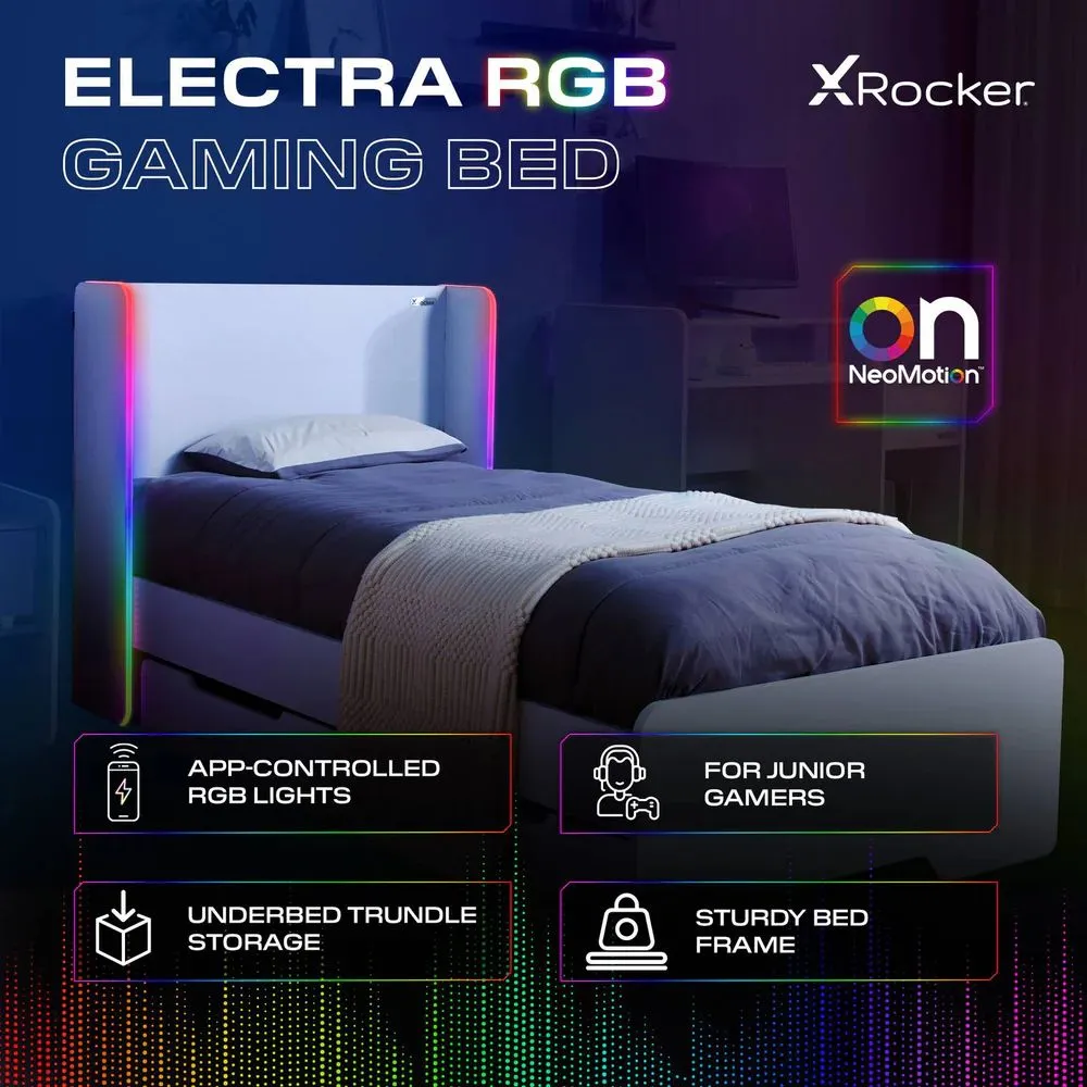 X Rocker Electra Single Bed with Trundle Drawers, Storage & LED Lights in White 2