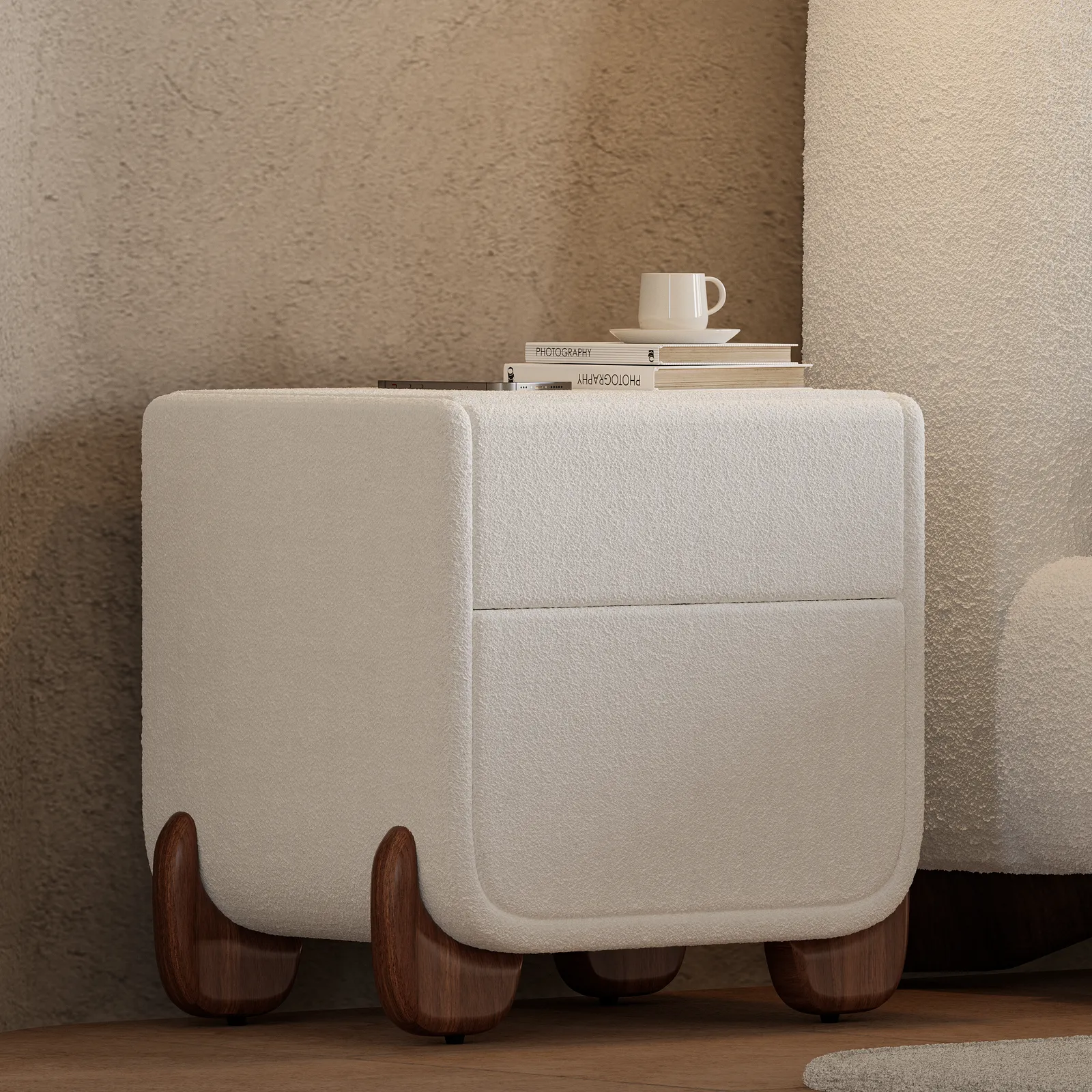Curva Smart Boucle Bedside Table with Wood Legs 2-Drawer Bedside Table in White