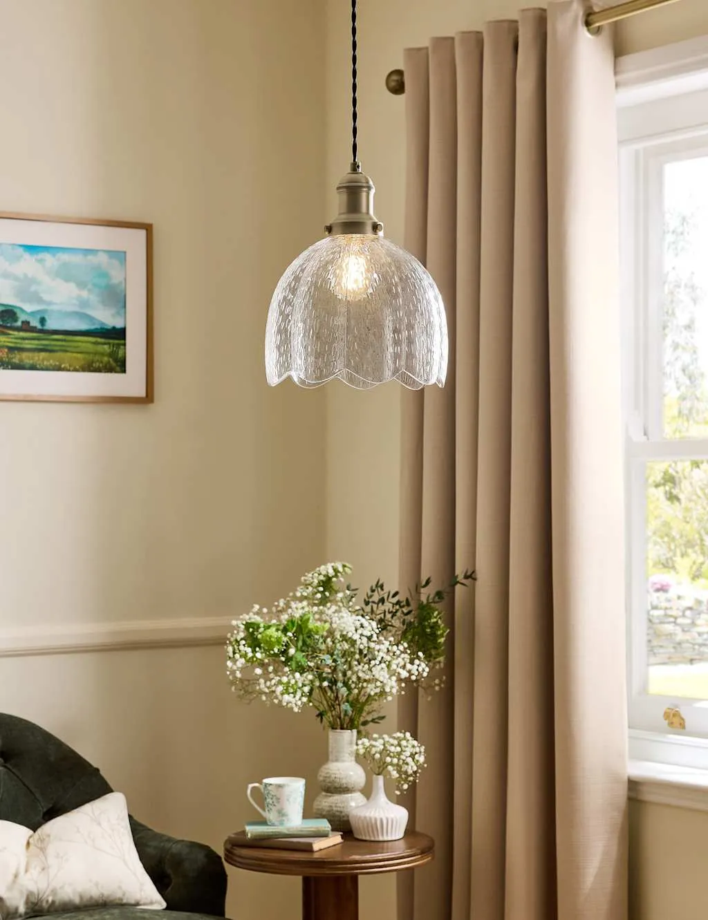 Laura Ashley Vintage Glass & Metal Pendant Light Antique Brass