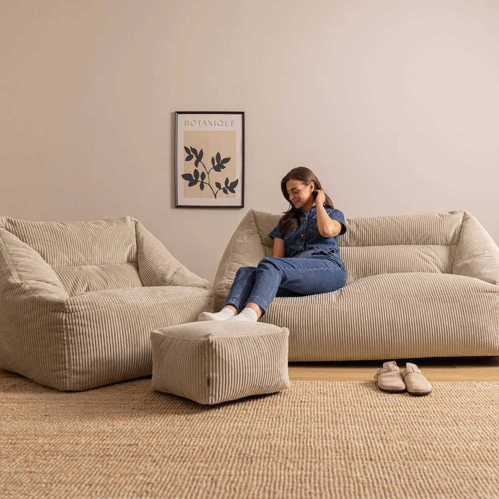 icon Bean Bag Sofa & Footstool Bundle, Jumbo Corduroy in Stone