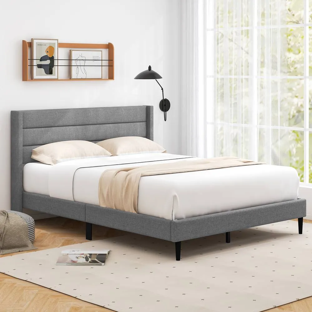 Costway Double Bed Frame Linen Upholstered Platform Bed w/Headboard in Grey