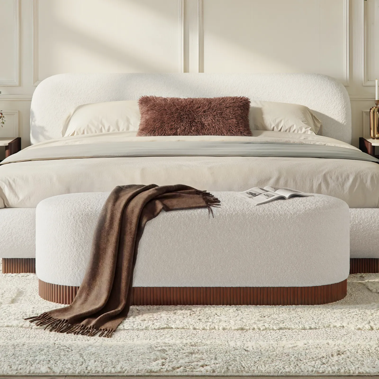 Rivo 150 cm W Boucle Upholstered Bedroom Bench with Fluted Base