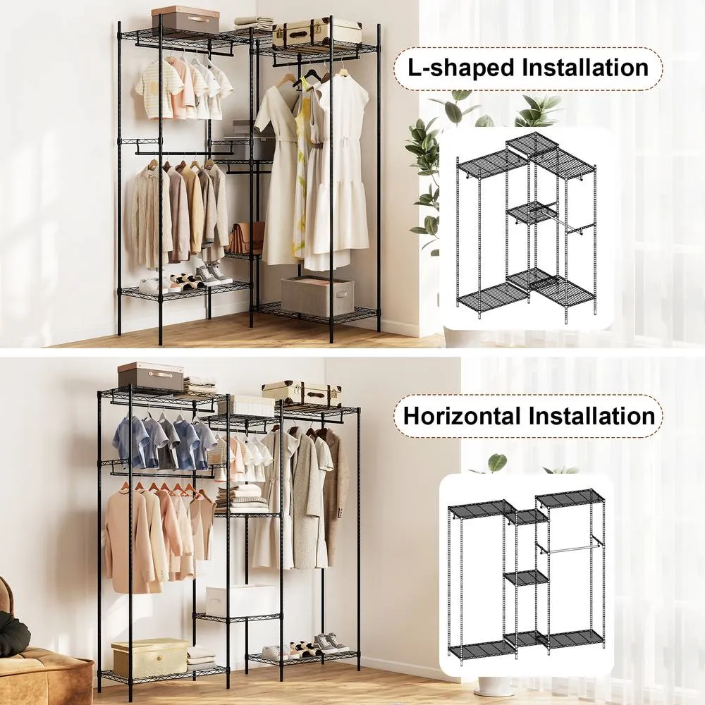 Costway Portable Wardrobe Convertible Clothes Organizer with L-shape in Black 2