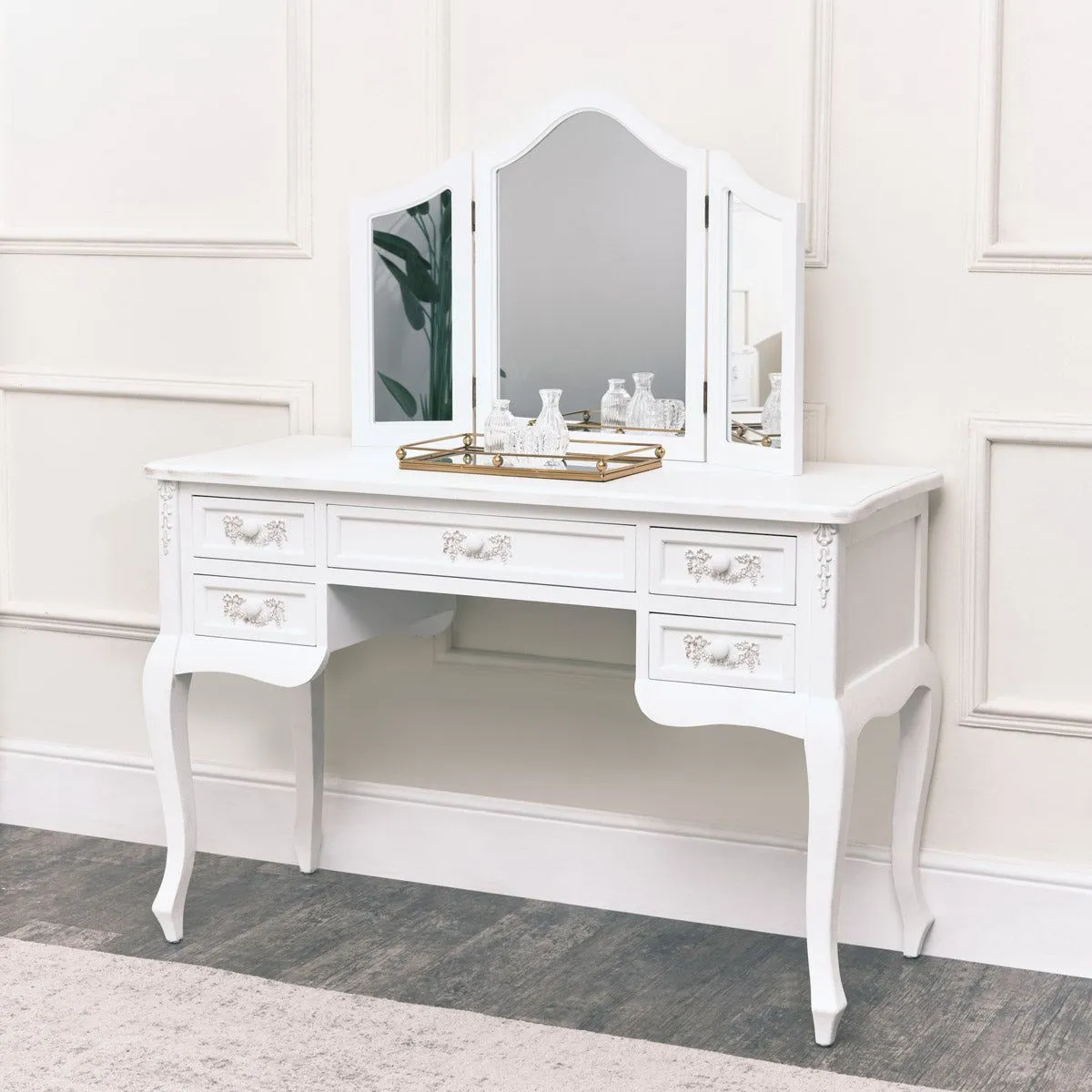 Melody Maison Antique White Dressing Table Desk With Triple Mirror - Pays Blanc Range