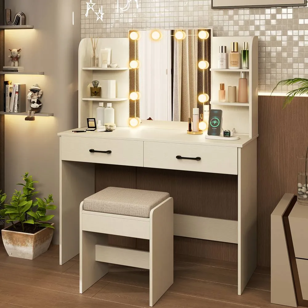 Costway Modern Vanity Desk Set Dressing Table & Chair Set w/Mirror & Lights in White 6