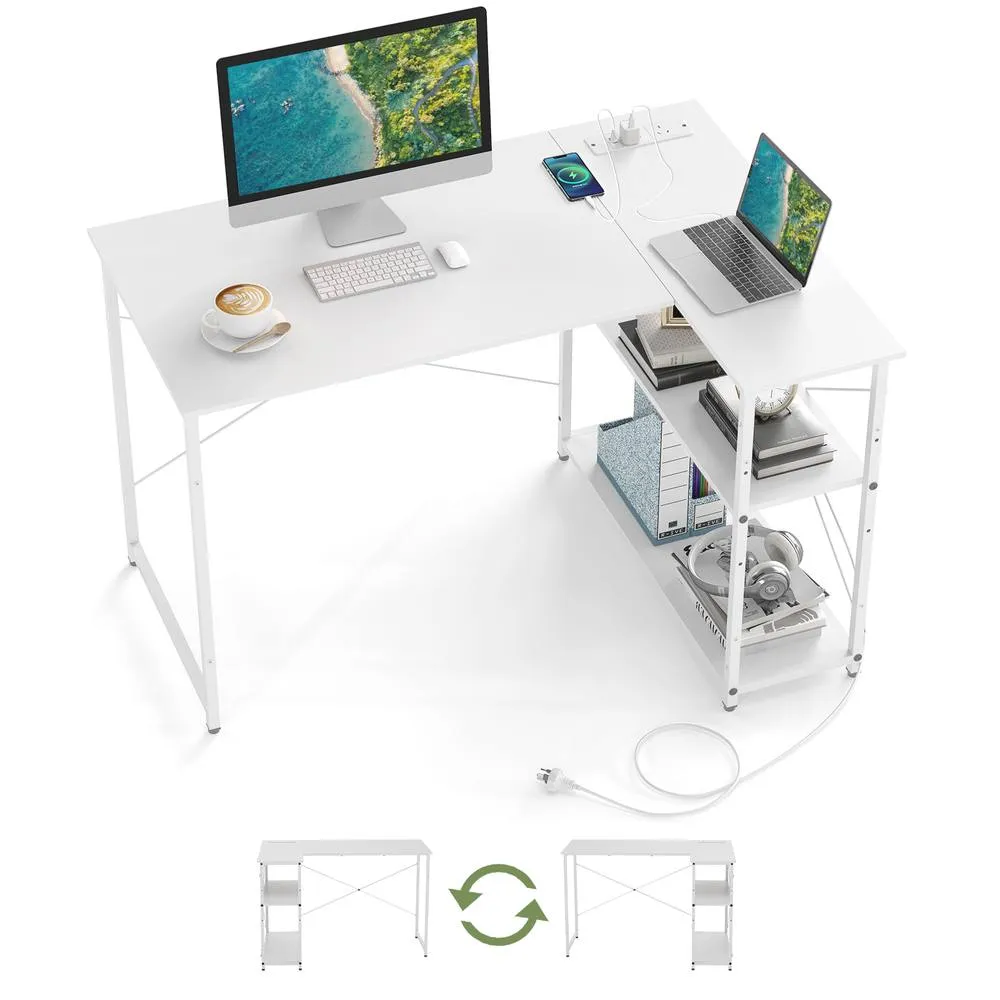 Costway L-shaped Computer Desk w/Power Outlet Workstation w/Reversible Shelves in White 2