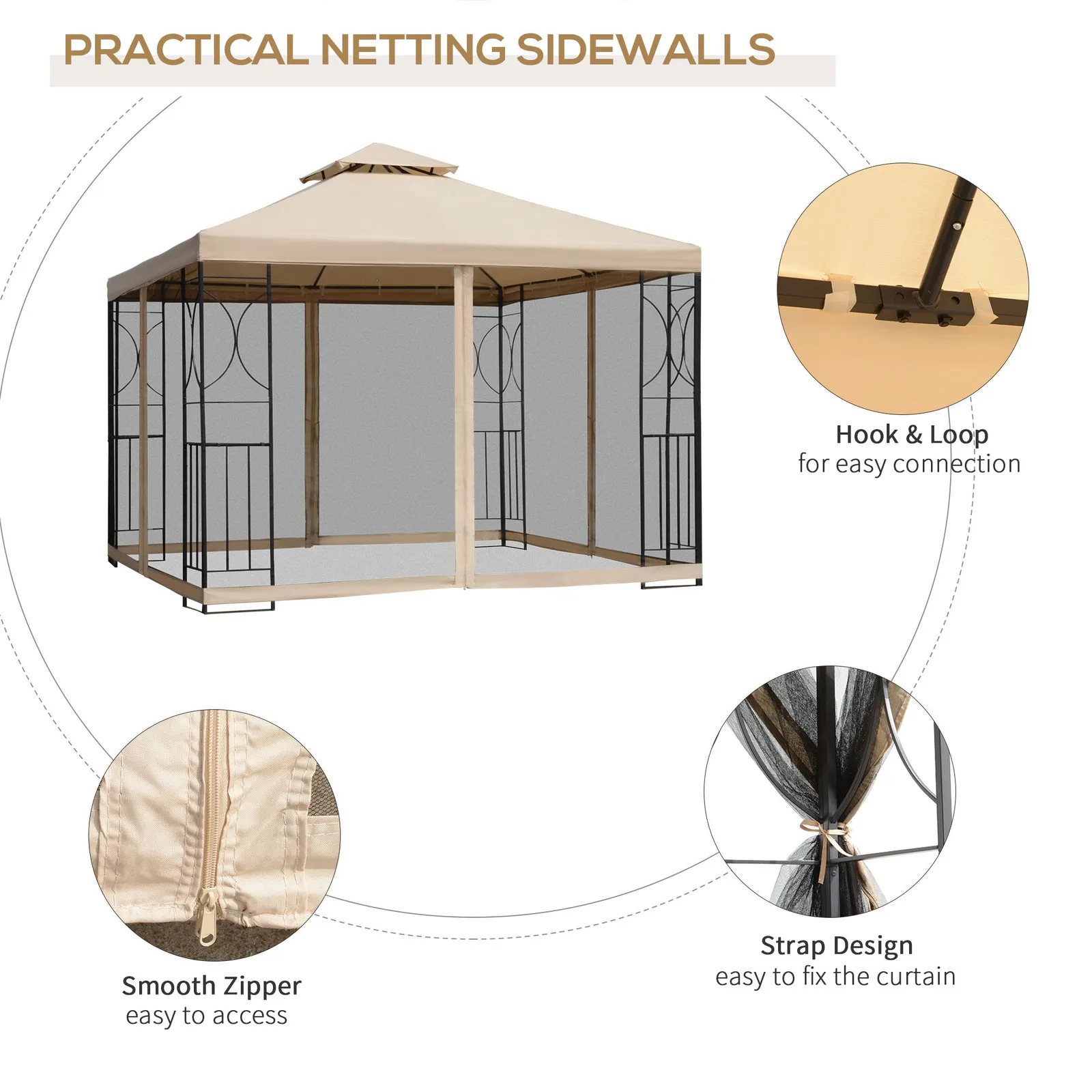 OUTSUNNY 3x3Metre Gazebo Patio Pavilion Canopy Tent with Netting & Shelf in Beige 6