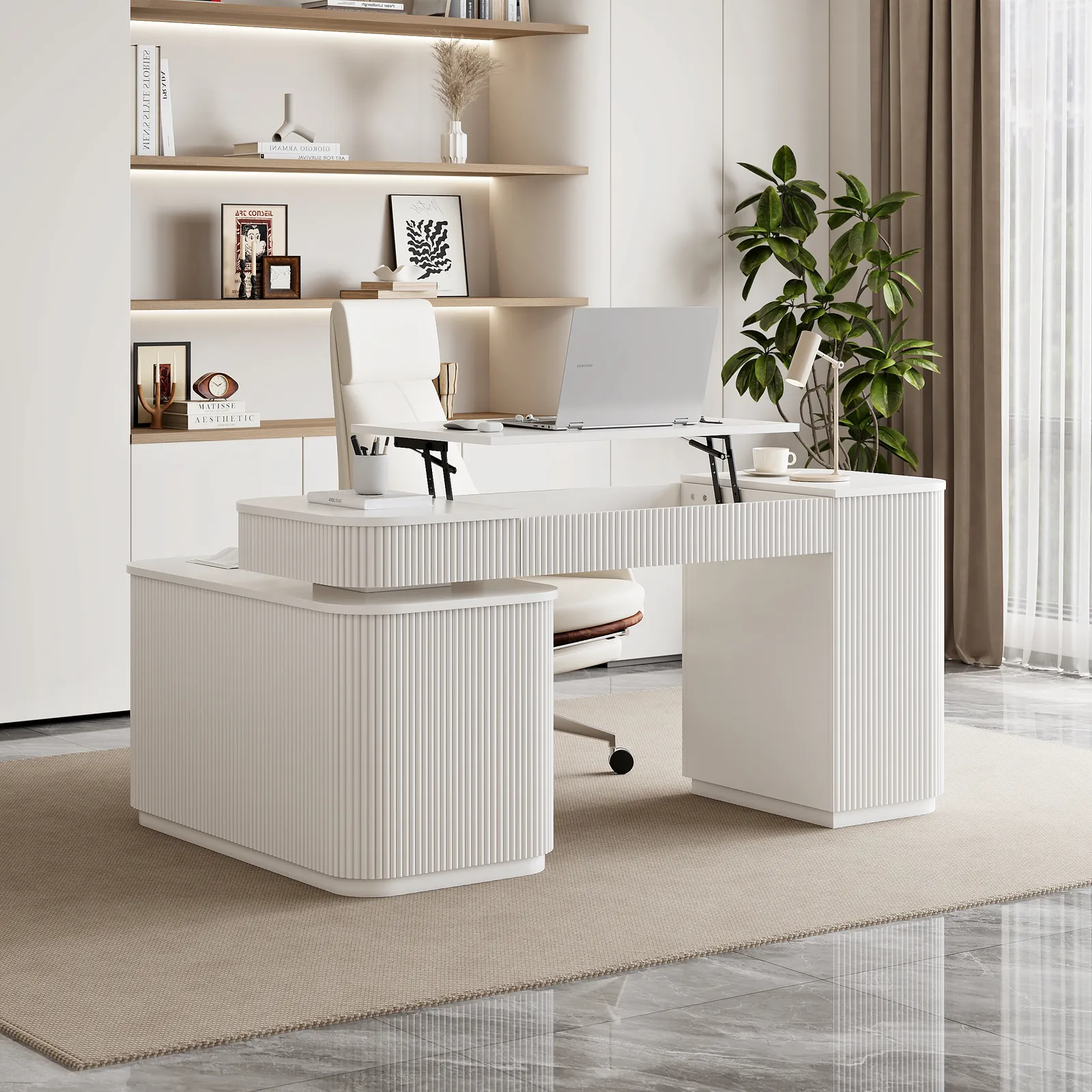 Modern 65" L-Shape White Executive Desk with Lift-Top, Drawers & Cabinet, Right Hand