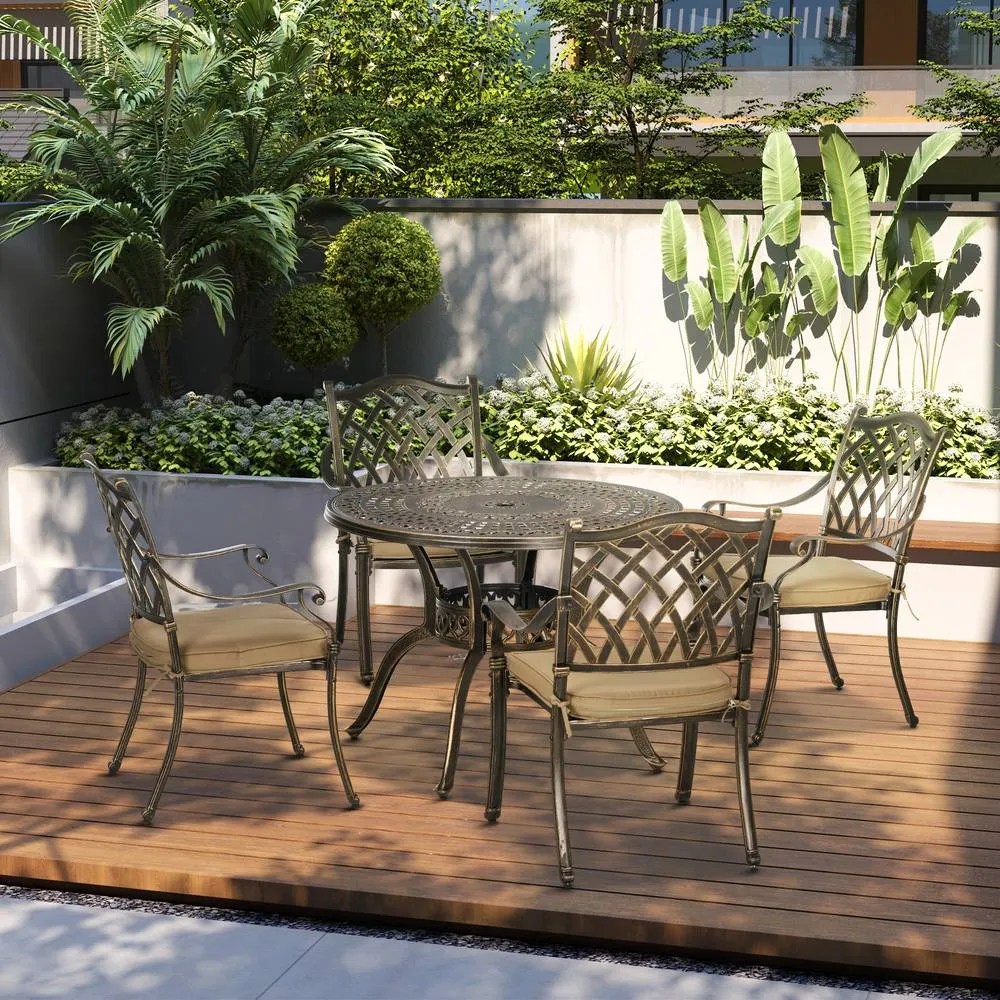 OUTSUNNY 4 Seater Outdoor Dining Set with Cushions Parasol Hole Cast Aluminium in Bronze