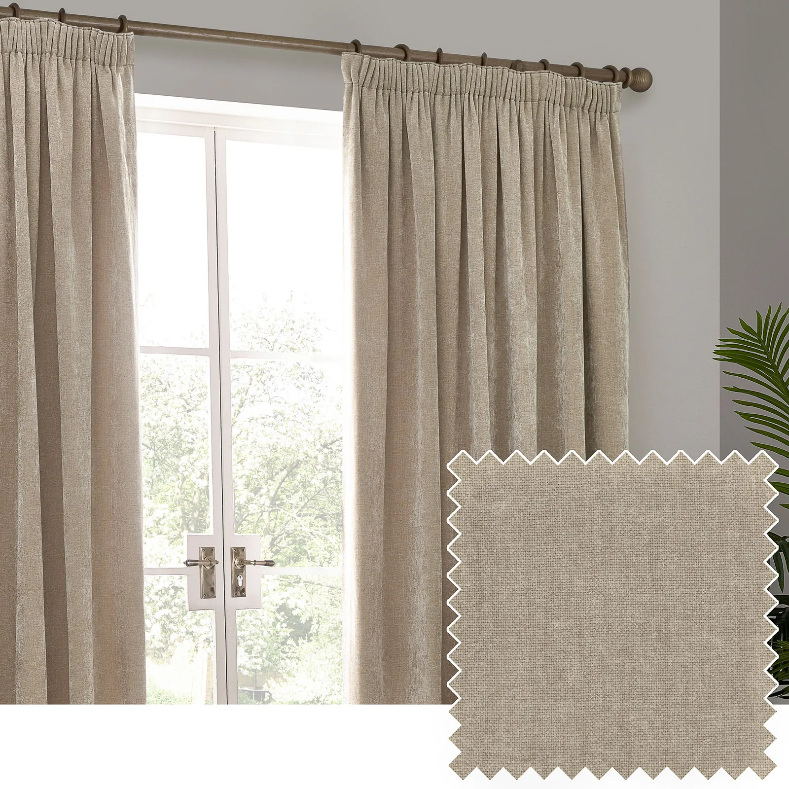 Yard Heavy Chenille Velvet Room Darkening Pencil Pleat Curtain Pair in Natural 1