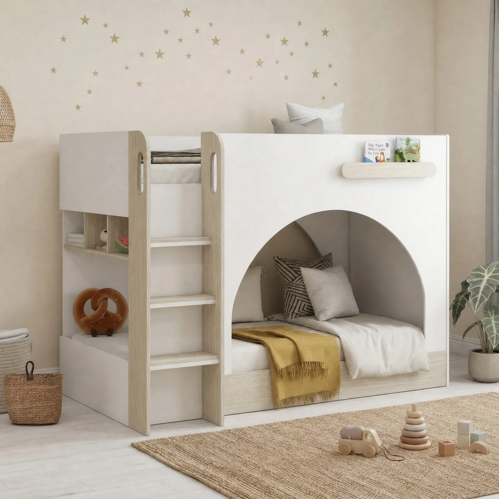 Curve - Single - Storage Bunk Bed with Shelving - White/Oak - Wooden - 3ft