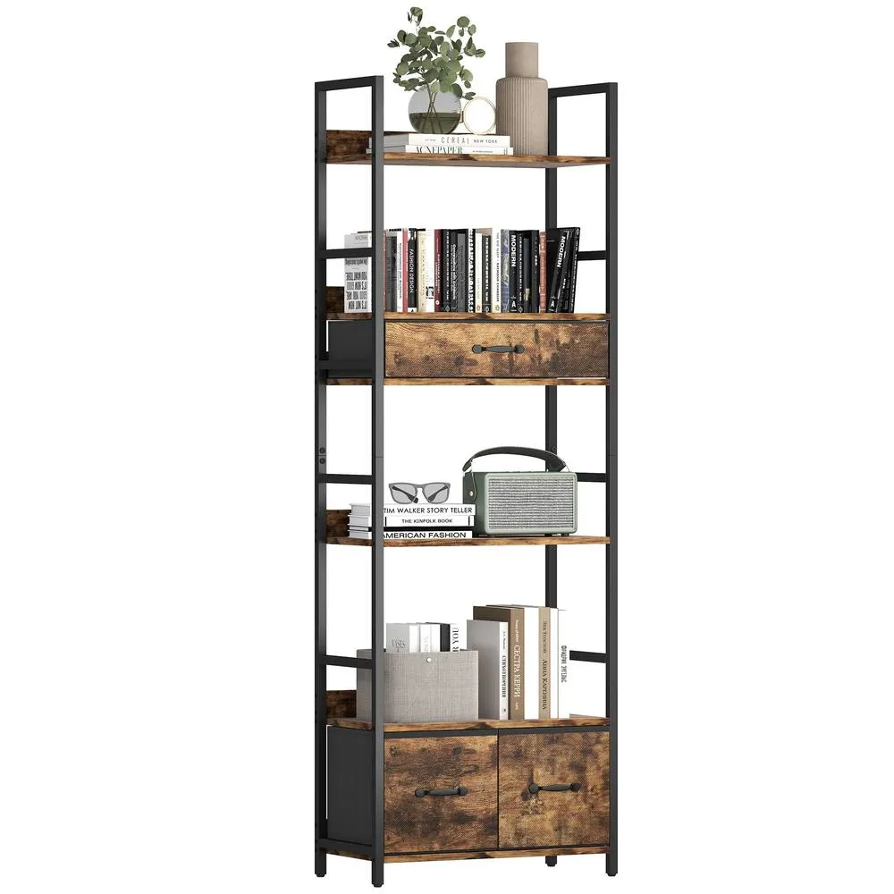 HOMCOM Industrial Bookshelf with 4 Shelves & 3 Fabric Drawers Rustic Brown 2
