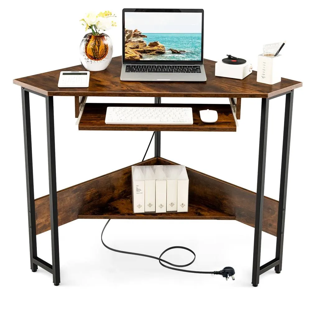 Costway Corner Desk Small Computer Desk Triangle Laptop Workstation in Brown