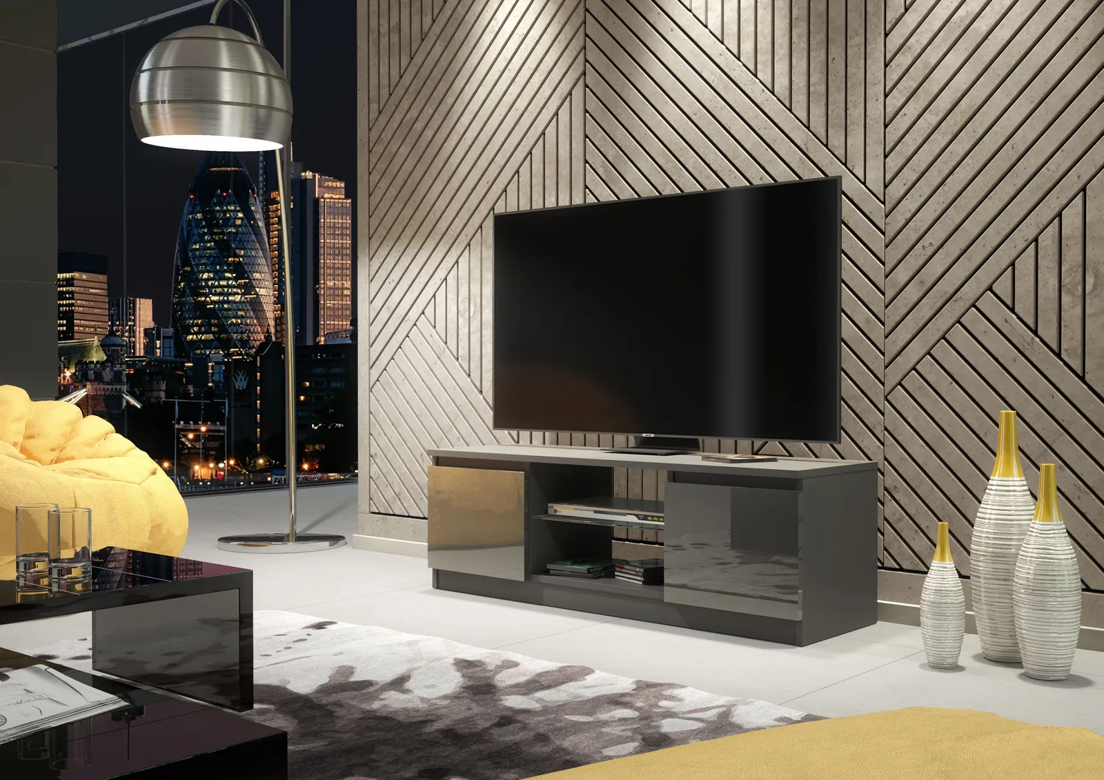 Creative Furniture TV Unit 120cm Modern - Dark Grey with High Gloss Doors 2