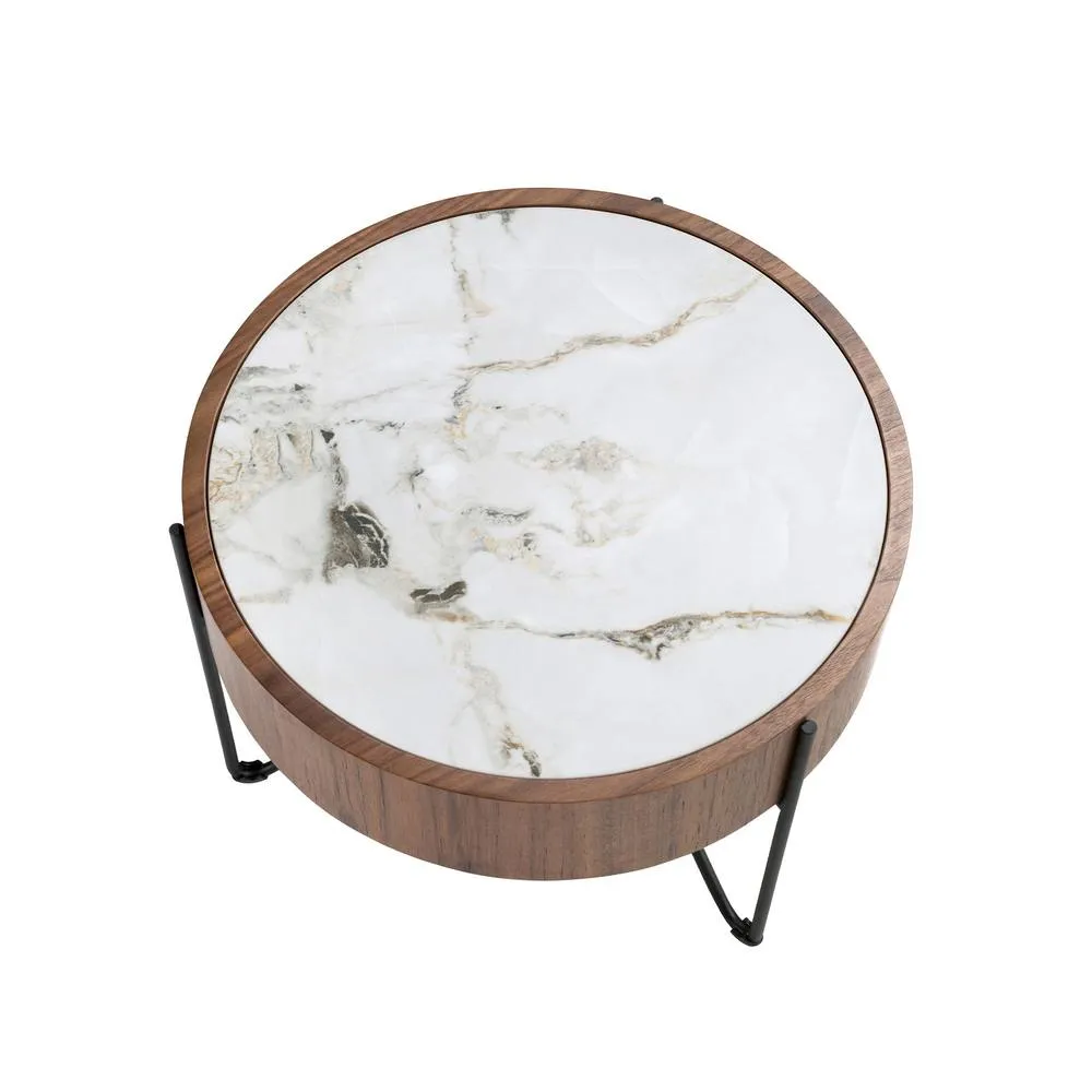 Angel Cerda Round Coffee Table, Porcelain Marble Top, Walnut in Warm White 6