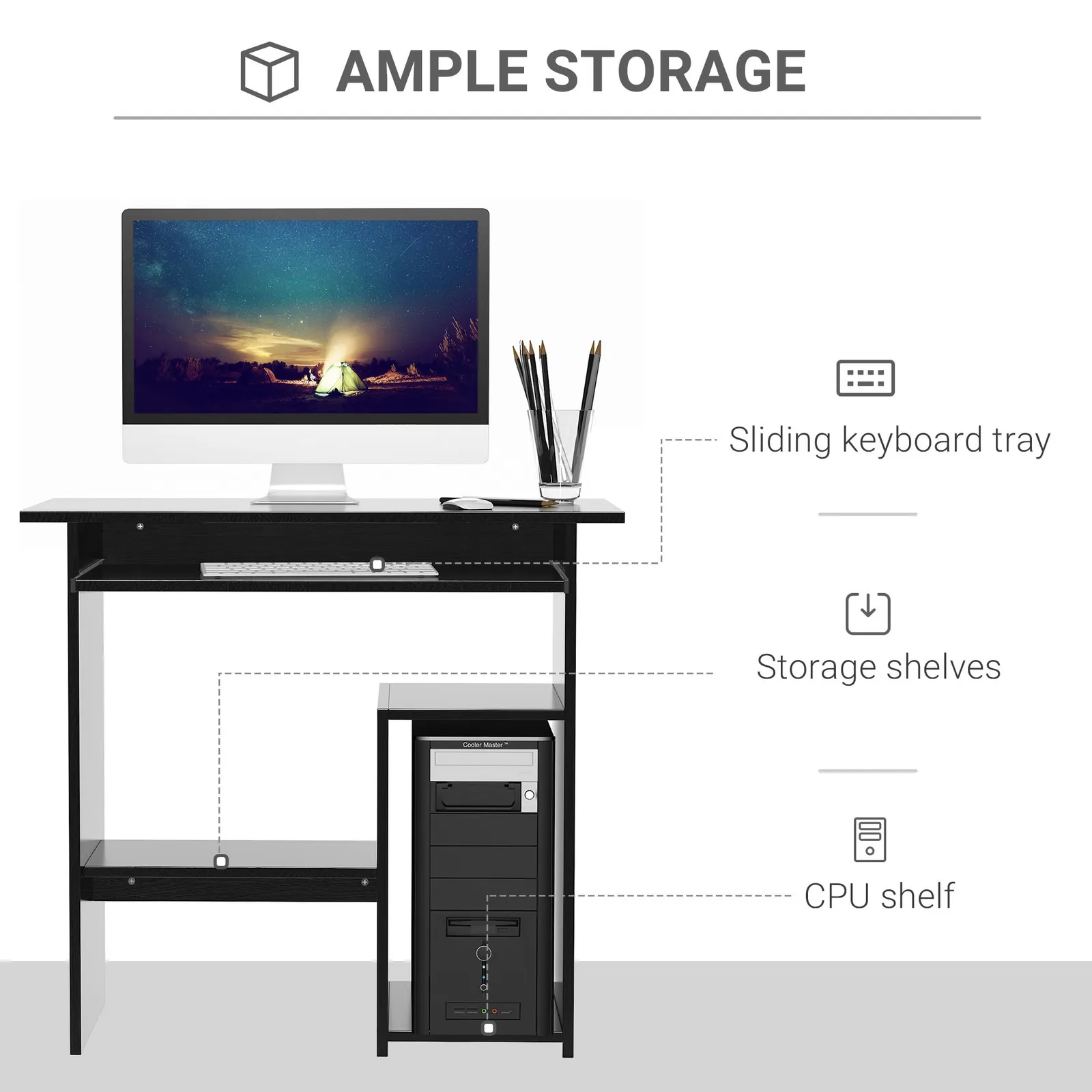 HOMCOM Compact Small Computer Table Wooden Desk Keyboard Tray Storage in Black 4