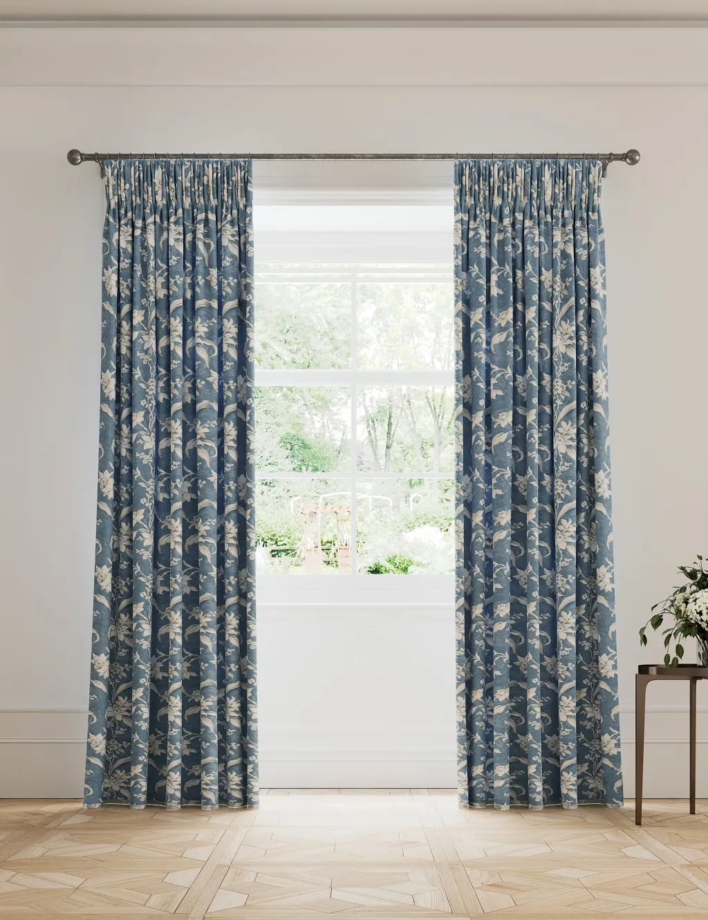 V&A Daffodil Pure Cotton Pencil Pleat Blackout Curtains Blue Mix