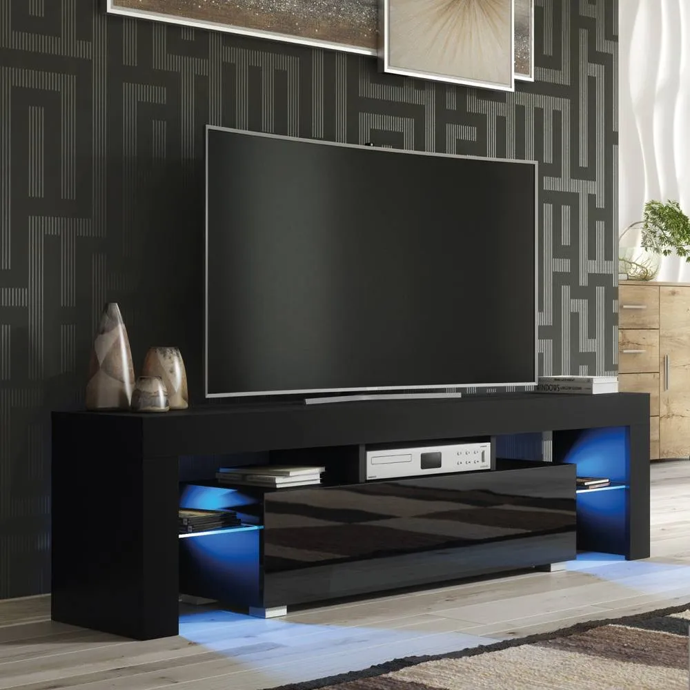 Creative Furniture Aria TV Unit 160cm - Black with Gloss Doors & LED Lights