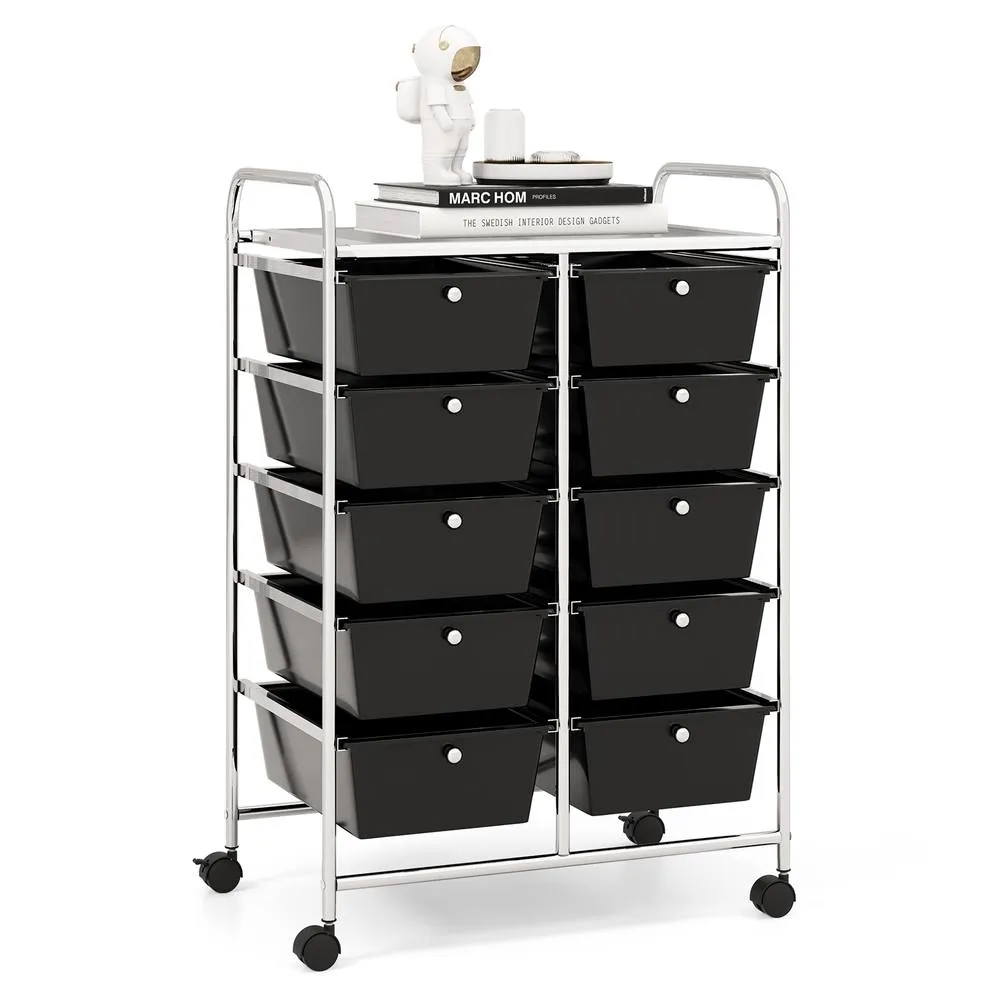 Costway 10 Drawers Storage Trolley Mobile Rolling Utility Cart Home Office Organizer in Black