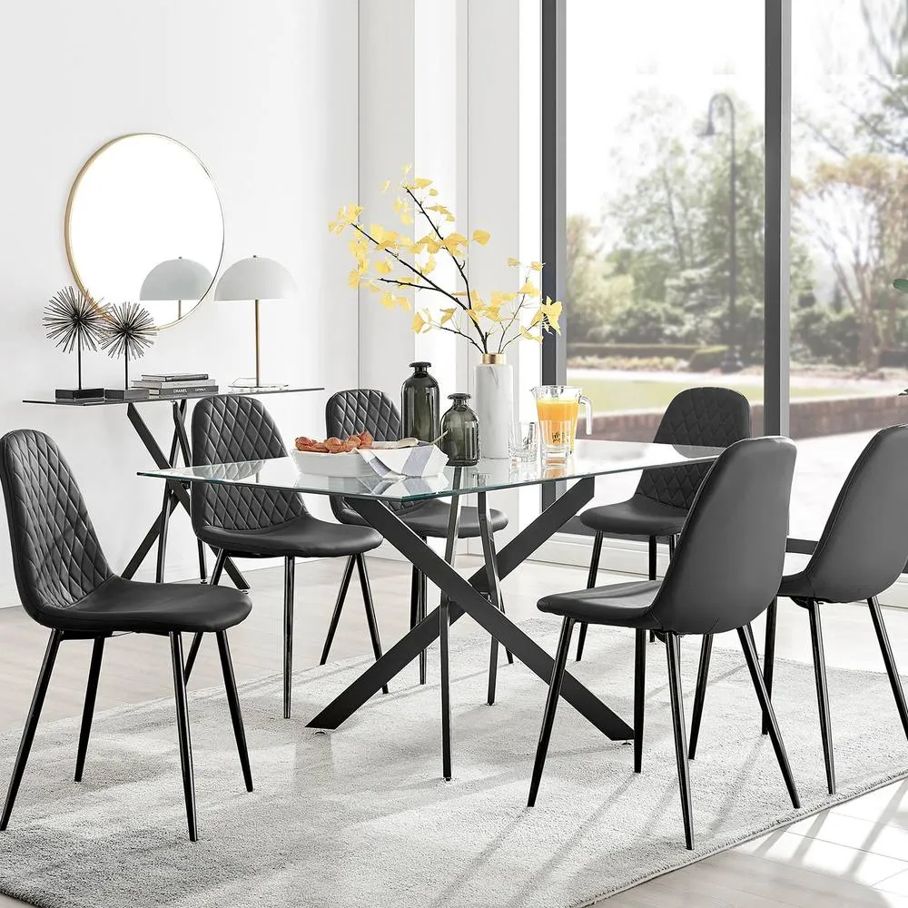 FurnitureboxUK Leonardo Black Leg Glass Table & 6 Black Corona Black Leg Chairs