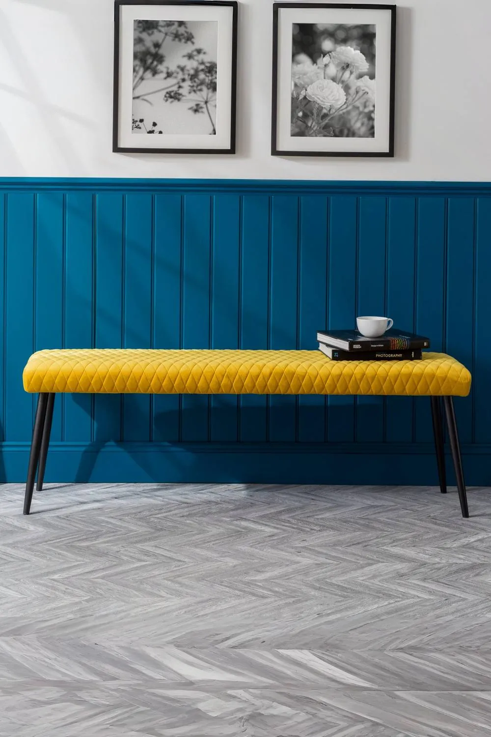 Julian Bowen Luxe Diamond Quilted Upholstered 2 Seater Backless Bench in Mustard 1
