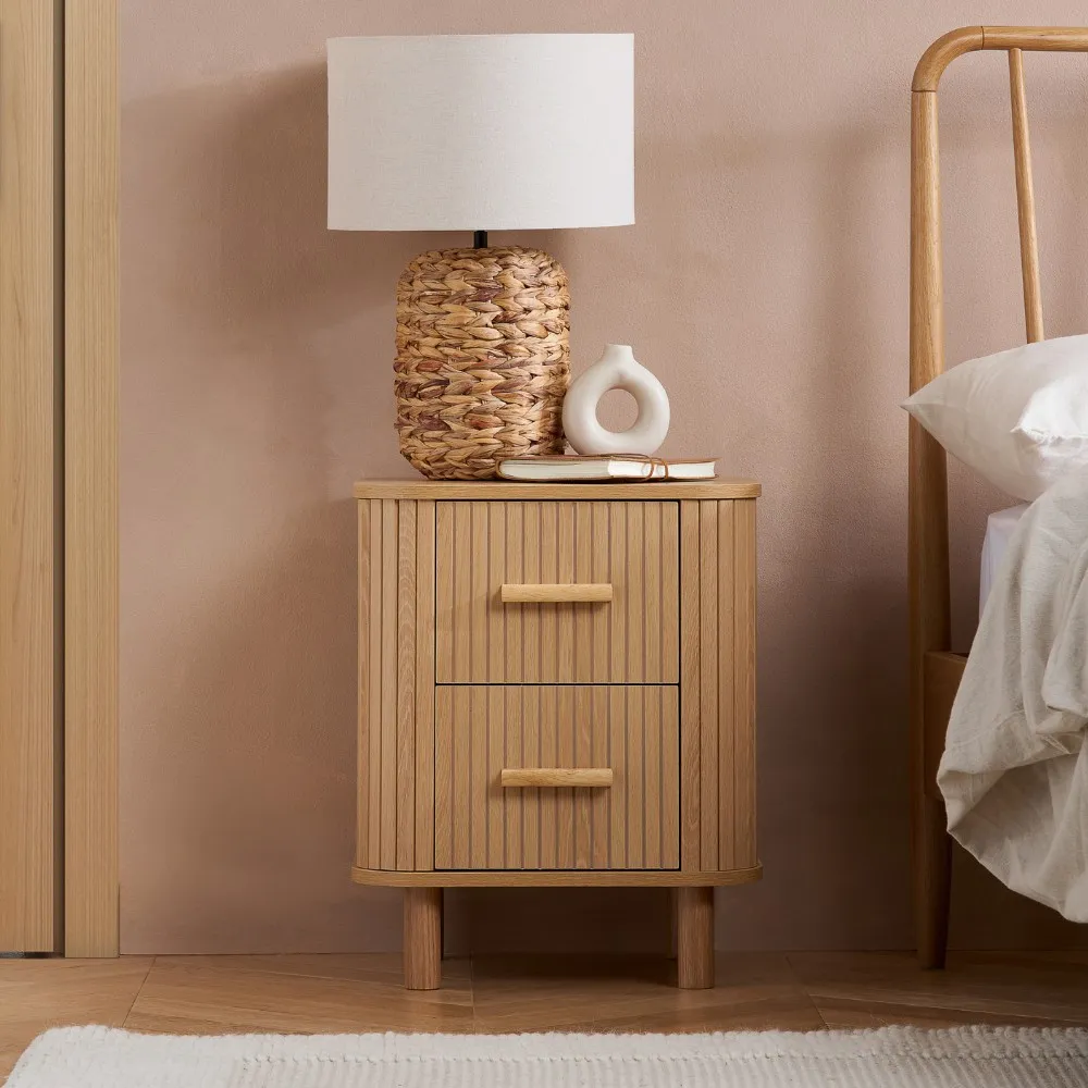 Axel - 2 Drawer Fluted Bedside Table - Oak - Wooden - Happy Beds 1