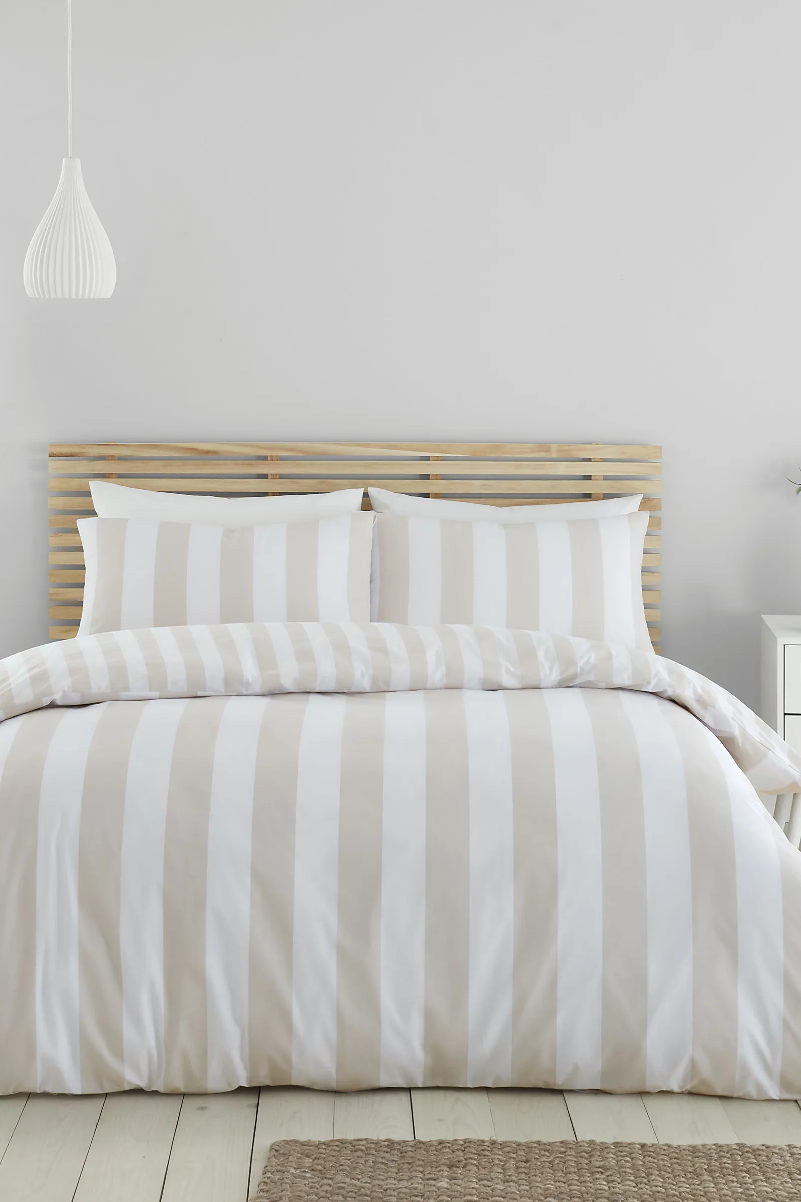 Catherine Lansfield 'Cove Stripe' Reversible Duvet Cover Set in Natural 1