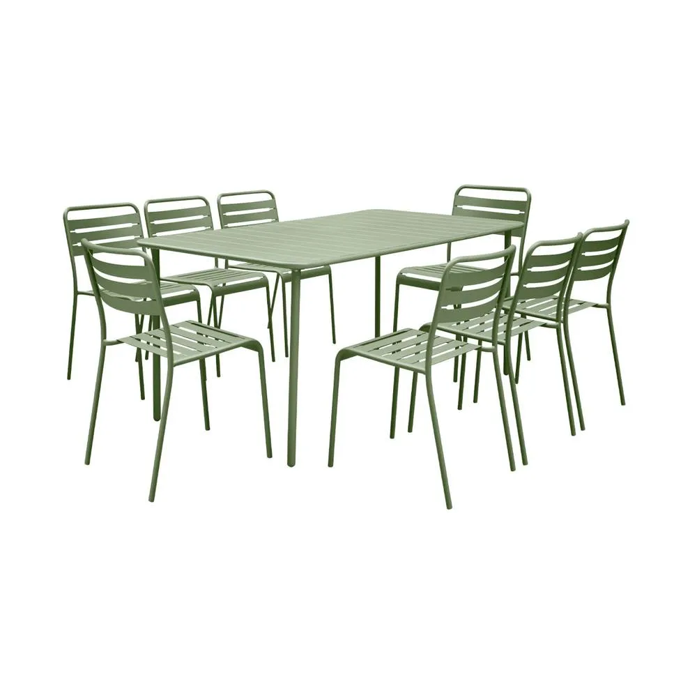 sweeek 8-seater metal garden table with 8 chairs in Green 2