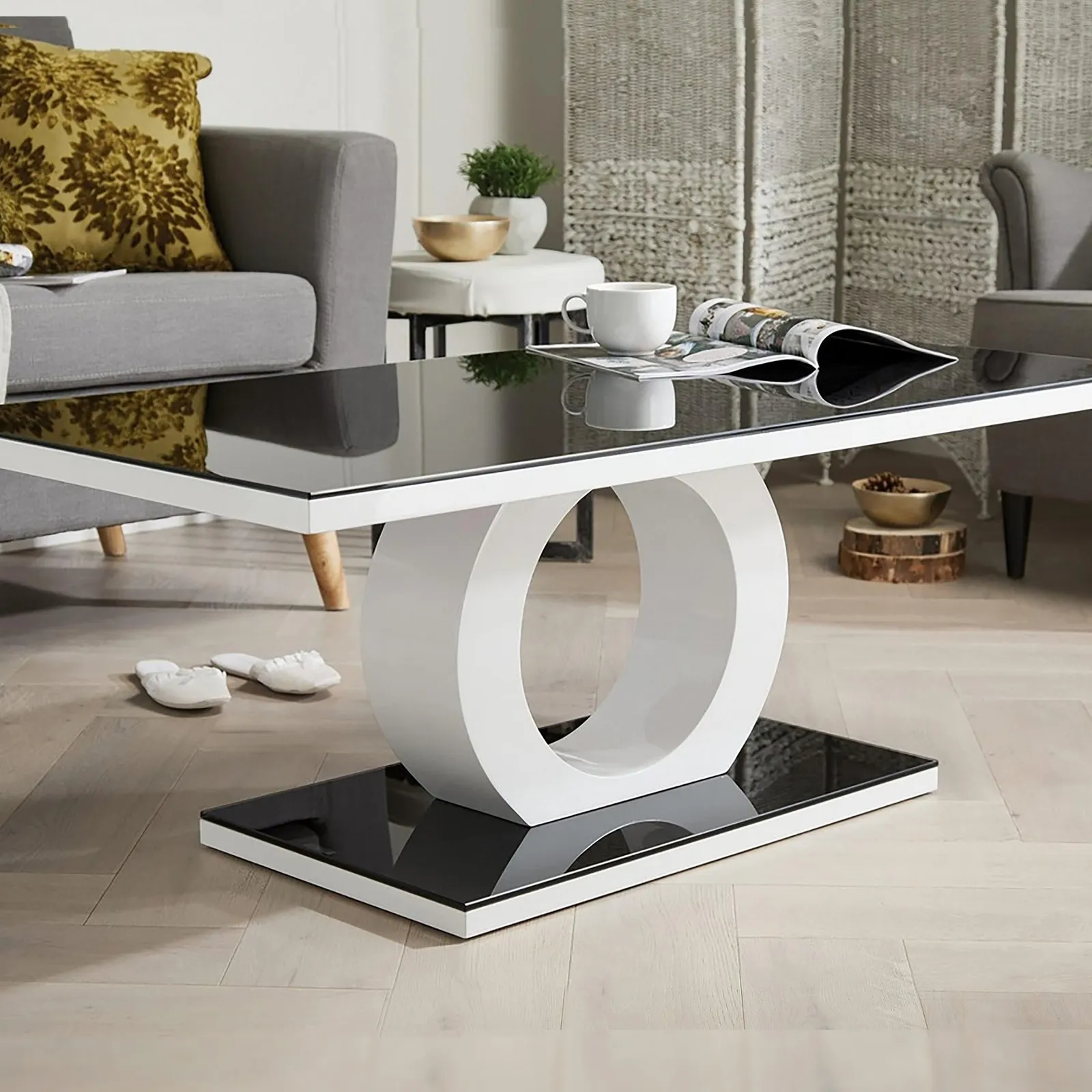 FurnitureboxUK Giovani Rectangular White High Gloss Coffee Table with Glass Top & Unique Halo Structural Plinth Base Design in Black