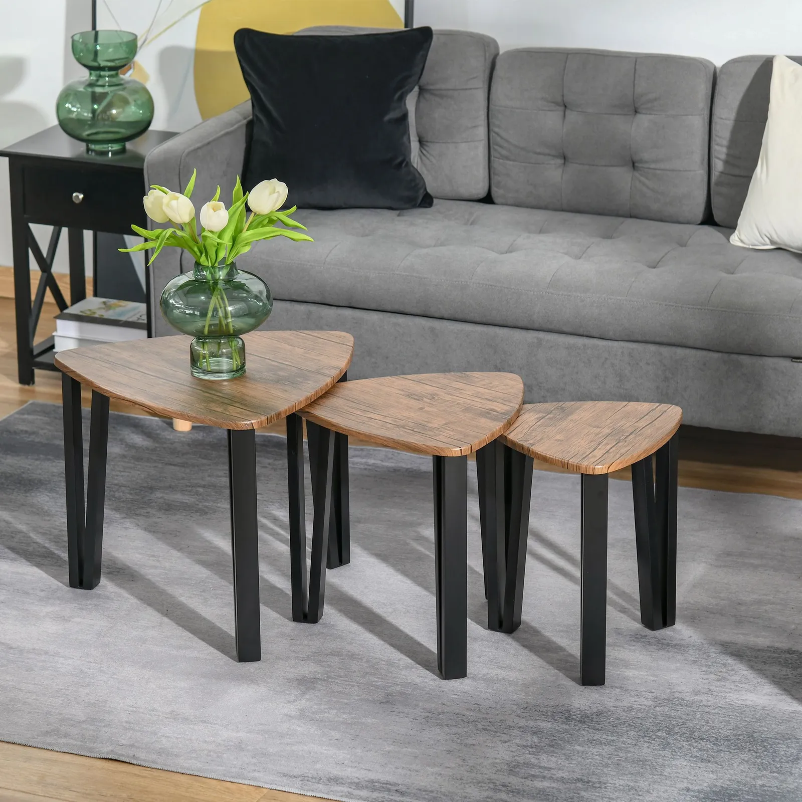 HOMCOM 3 PCs Nesting Table Coffee Table Set MDF Steel Living Room Furniture in Black