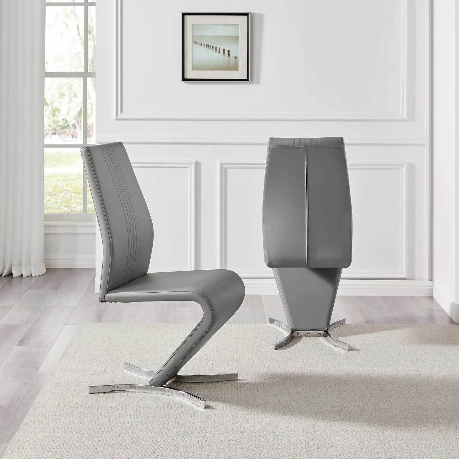 FurnitureboxUK Set of 2 Willow Contemporary Z Shaped Faux Leather Dining Chairs With Silver Chrome Metal Legs in Grey 3