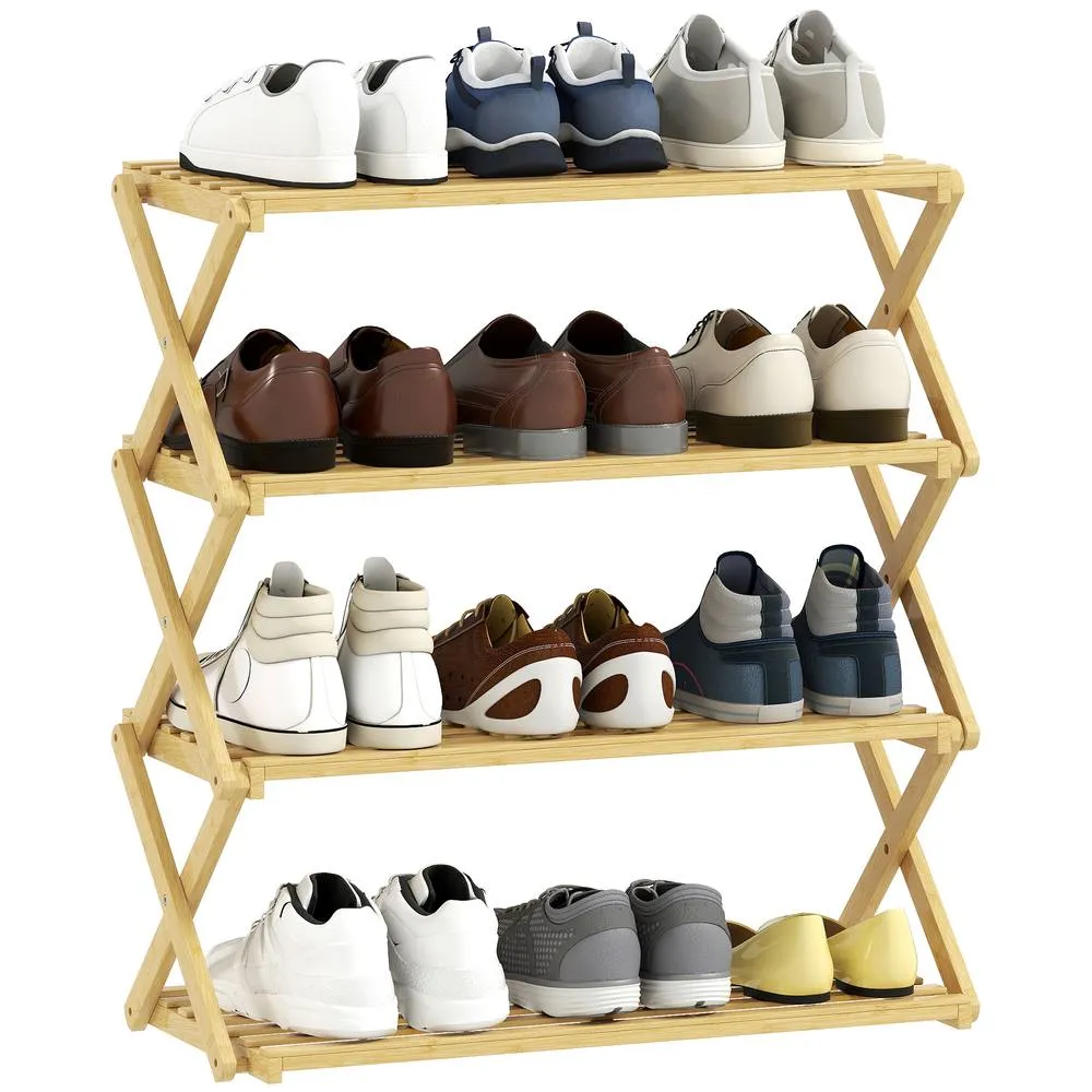 HOMCOM 4-Tier Bamboo Shoe Rack, Folding Shoe Shelf, Holds up to 12 Pairs in Natural 2