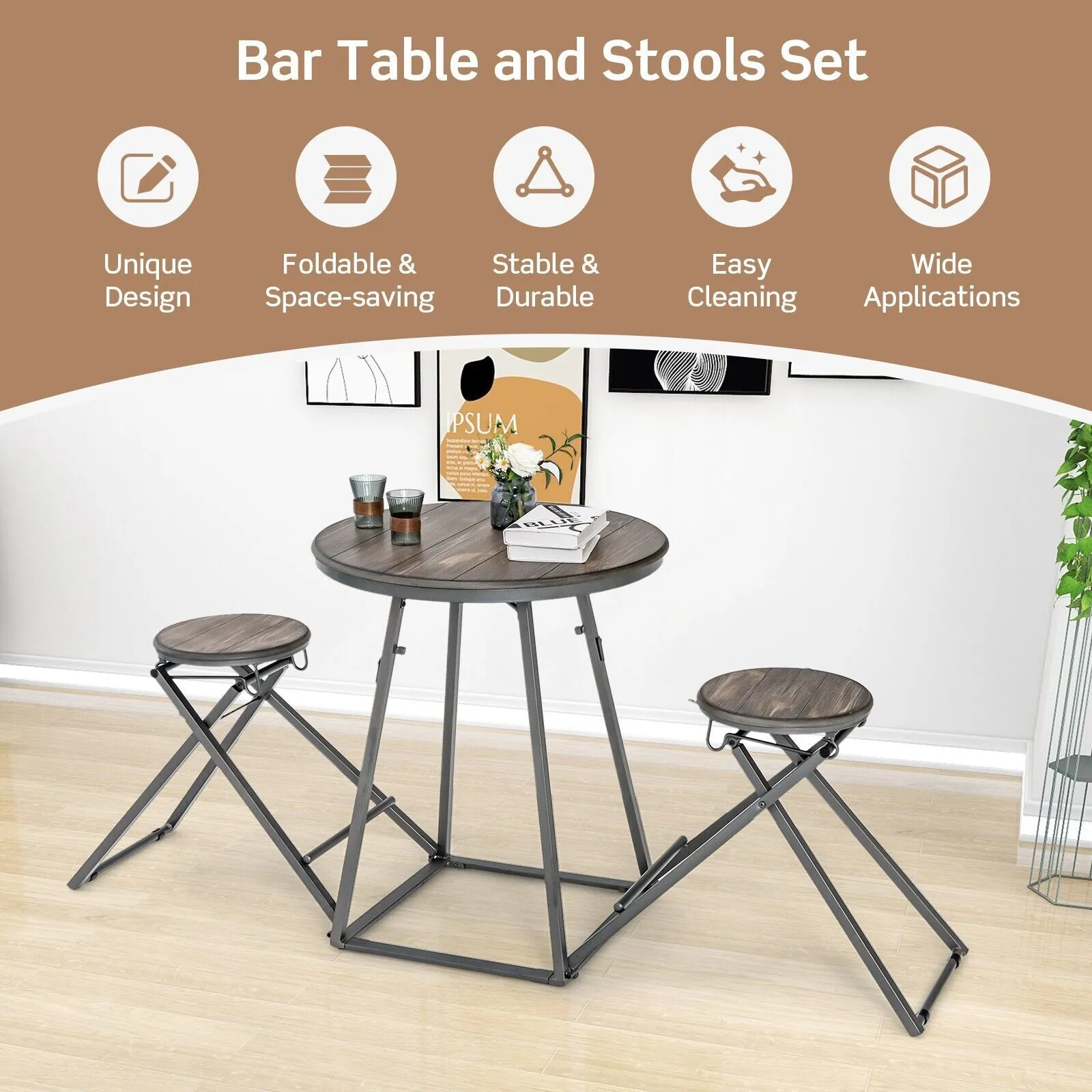 Costway 3-Piece Round Table & Stool Set Dining Bar Table w/ 2 Foldable Stools in Grey 5