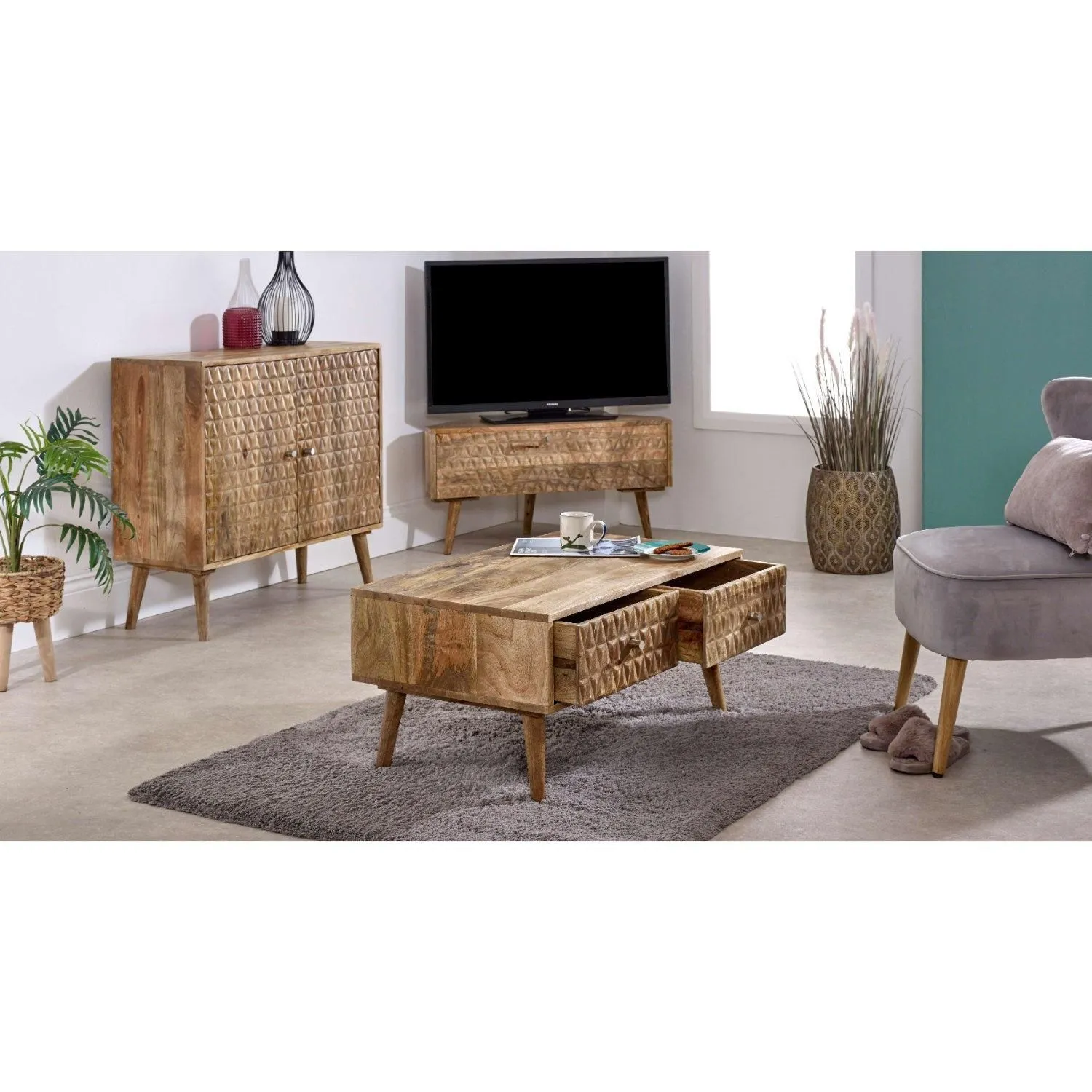 IH Design Ryley Light Mango Wood Coffee Table with 2 Drawers in Natural 4