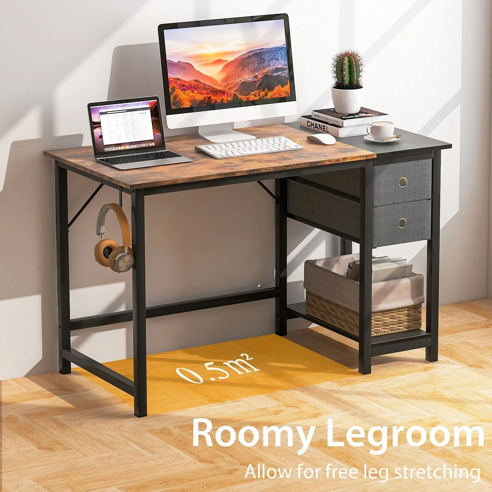 Costway 120 cm Home Office Desk Writing Desk Modern Computer Workstation with 2 Drawers in Brown 6
