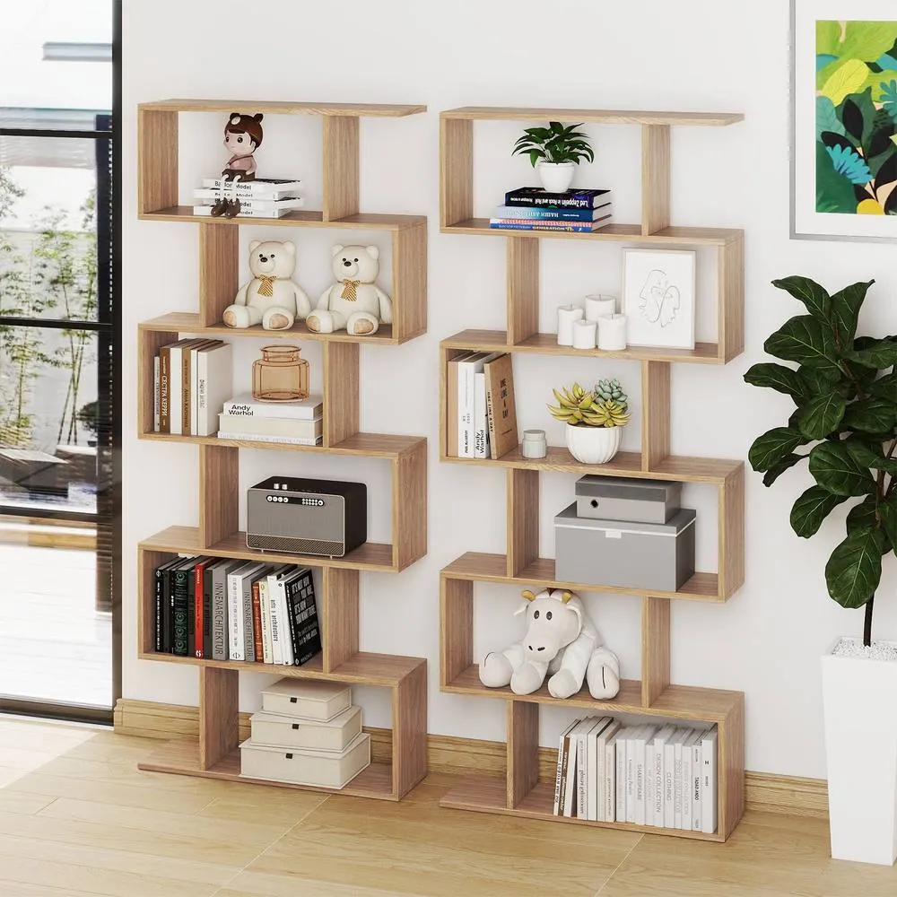Costway 6-tier Bookcase S-Shaped Bookshelf Wooden Storage Display Rack in Natural 5
