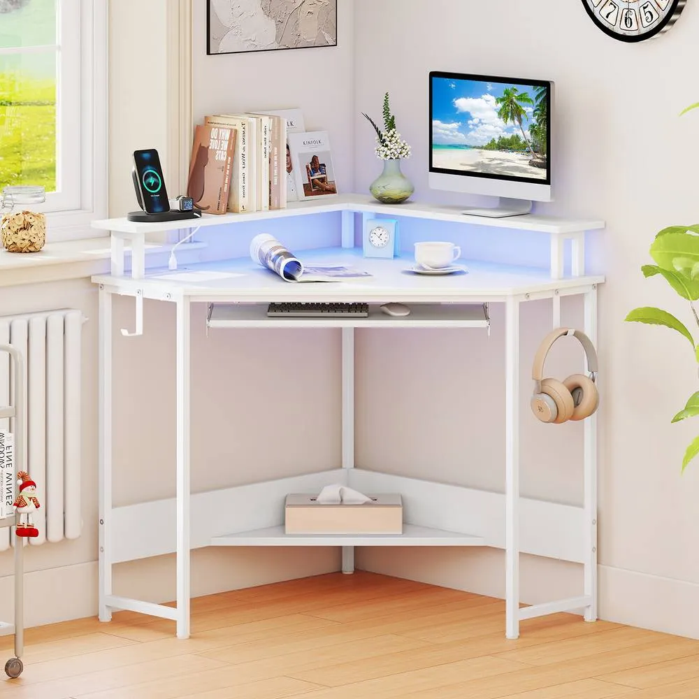 Costway Corner Desk Charging Station Home Triangle Gaming Desk LED in White 4