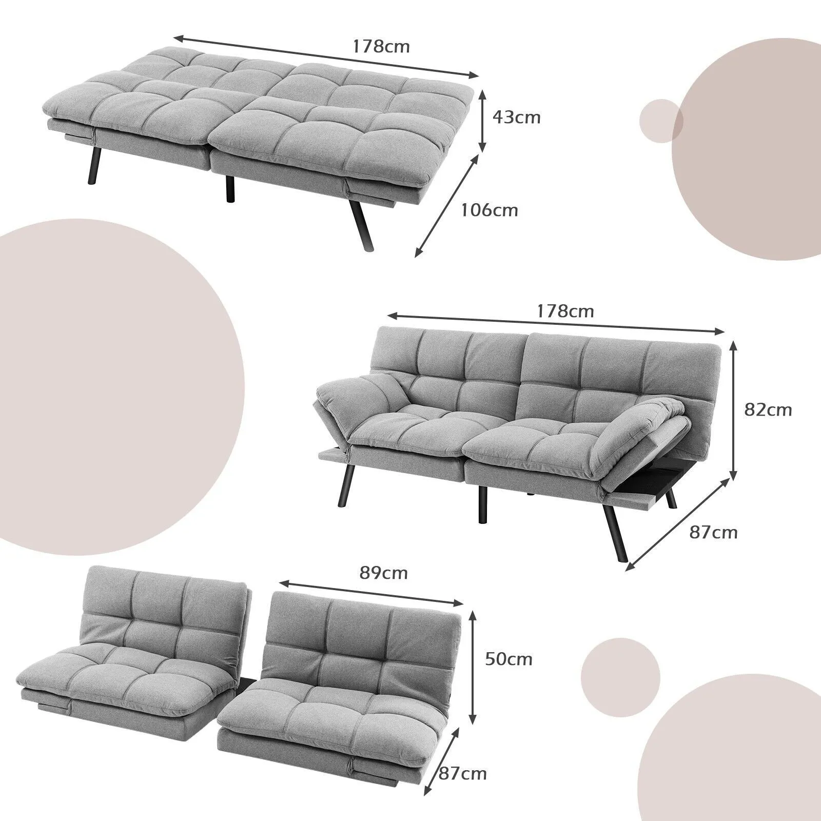 Costway 2 Seat Convertible Loveseat Sofa Bed Memory Foam Sleeper Couch 3-level Adjust in Grey 2