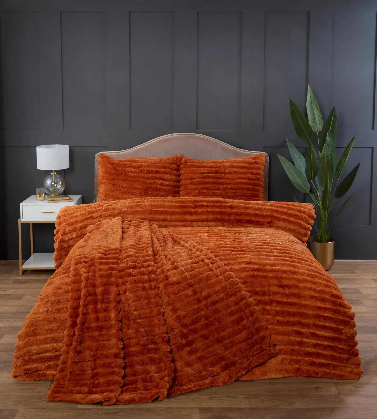 Rapport Home Chunky Ribbed Fur Polyester Soft & Cozy Duvet Cover Set With Pillowcase in Orange 4