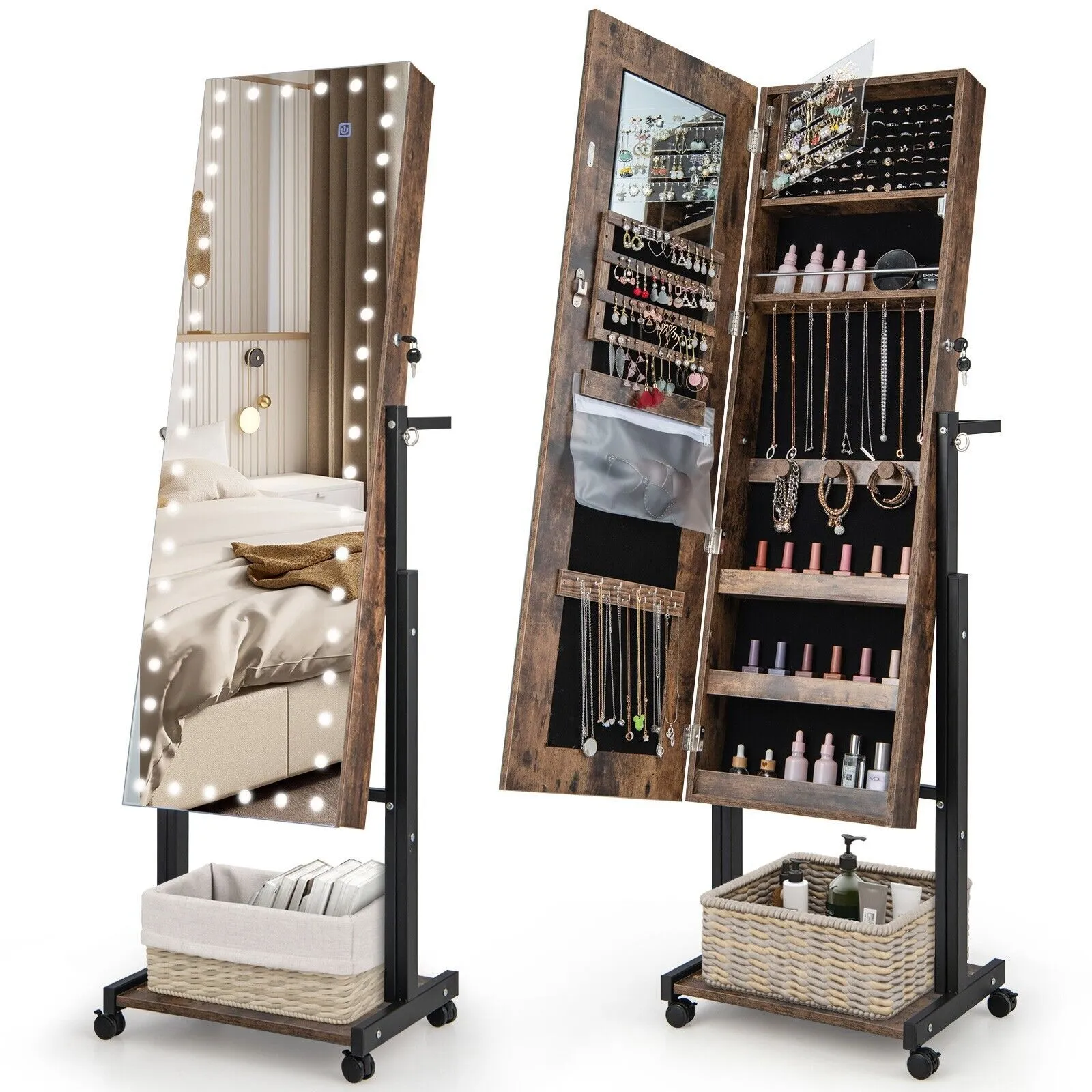 Costway Height Adjustable Jewelry Cabinet Standing Jewelry Armoire w/ 3-Color LED Mirror & Wheels in Brown