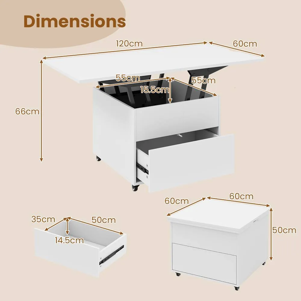 Costway Lift Top Coffee Table 3-In-1 Folding Center Table w/Hidden Storage in White 2