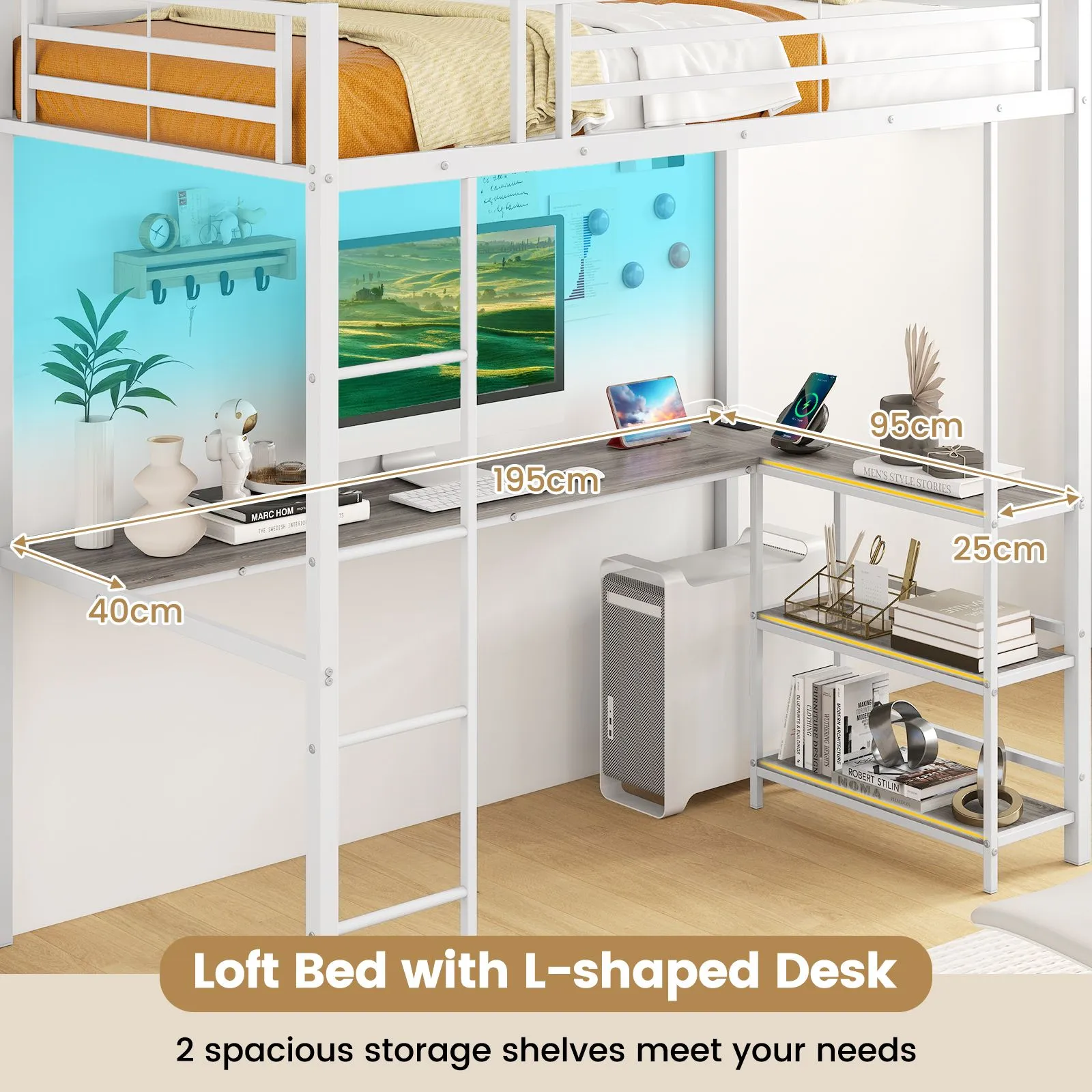 Costway Loft Bed Single Platform Bed Metal High Sleeper Bed w/Charging Station in White 4