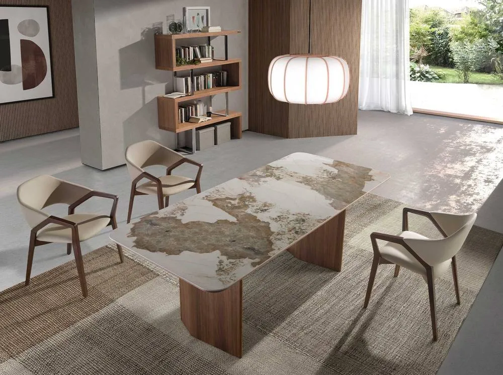 Angel Cerda Rectangular Porcelain Marble Dining Table with Walnut in White 4