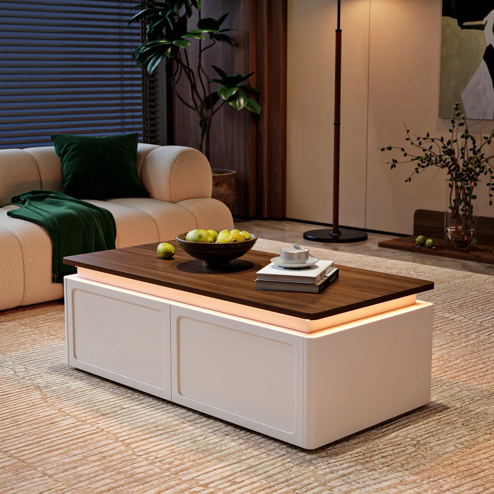 Ambra Coffee Table Modern Walnut & White Coffee Table with LED Light