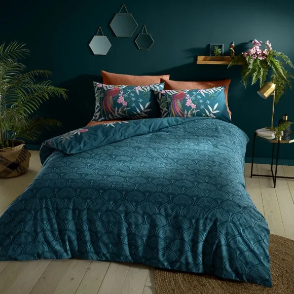 Catherine Lansfield Tropical Floral Birds Reversible Green Duvet Cover & Pillowcase Set 3