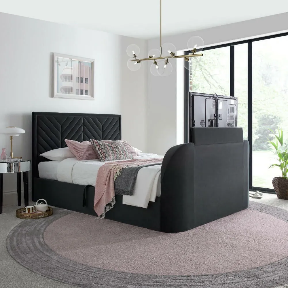 Sherlock - Super King Size - Side-Opening Ottoman Storage Electric TV Bed - Grey - Velvet - 6ft - Happy Beds